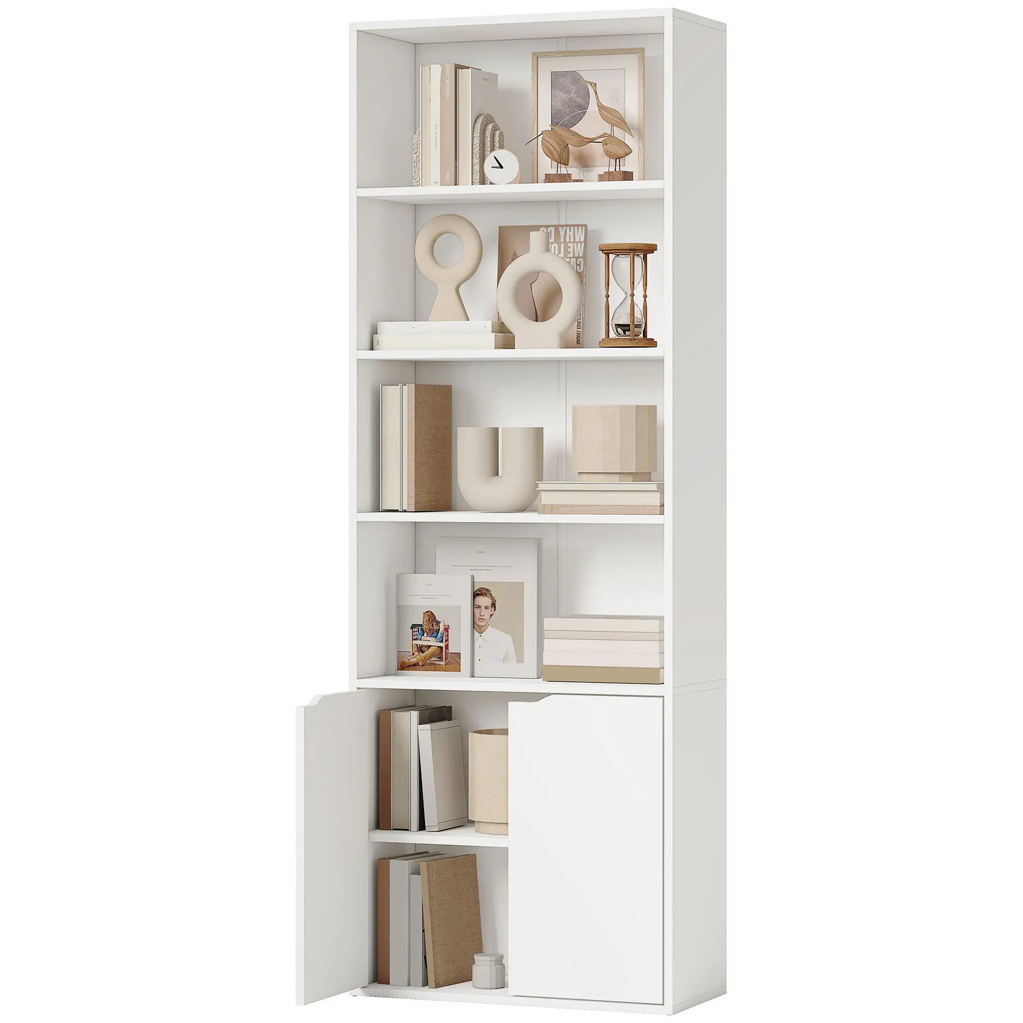 4-Tier Open Bookshelf with Doors, Home Office Bookcase, White White Bookshelves at Gallery Canada