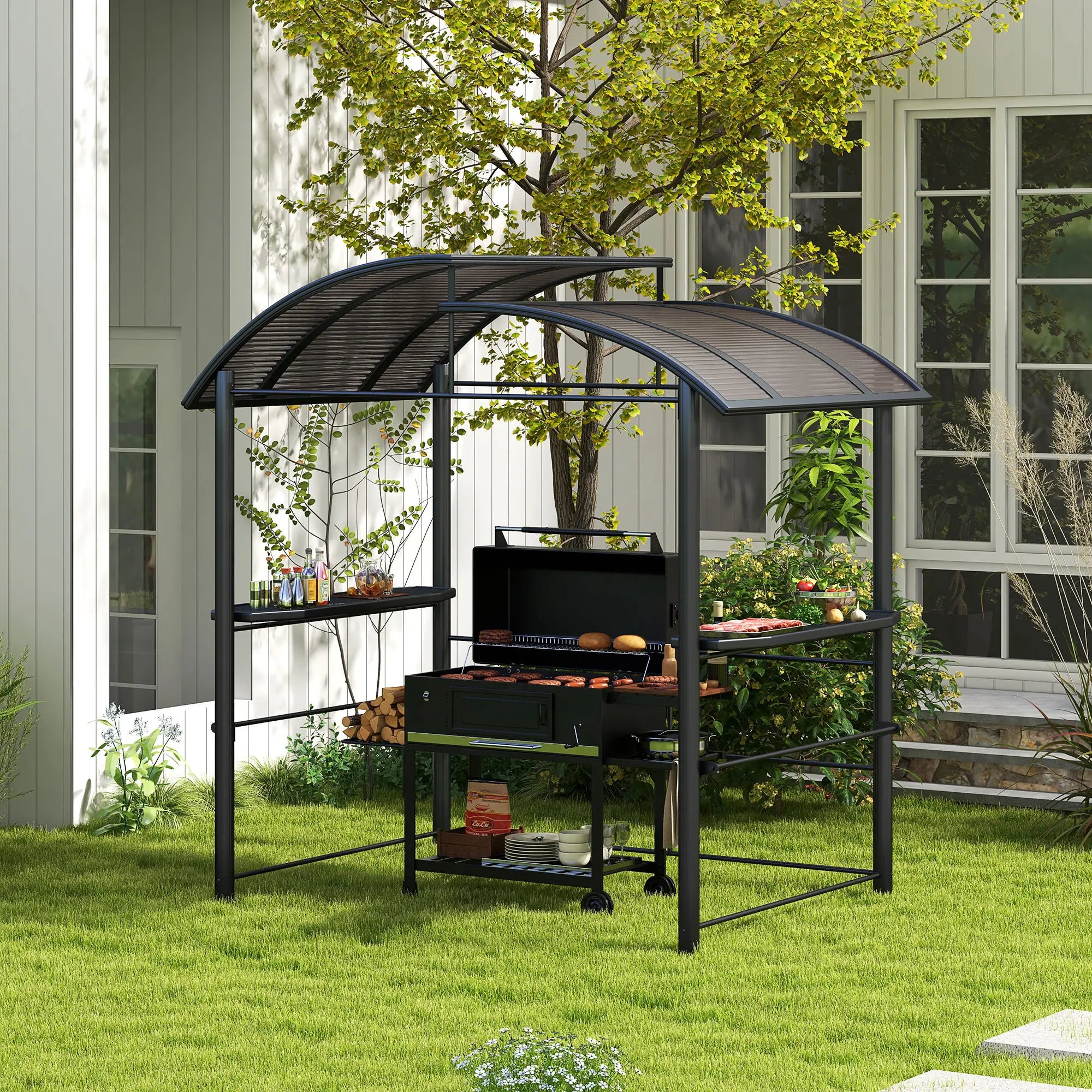 8' x 5' Grill Gazebo, Vented PC Roof, Side Shelves, Dark Grey BBQ Grill Gazebos at Gallery Canada