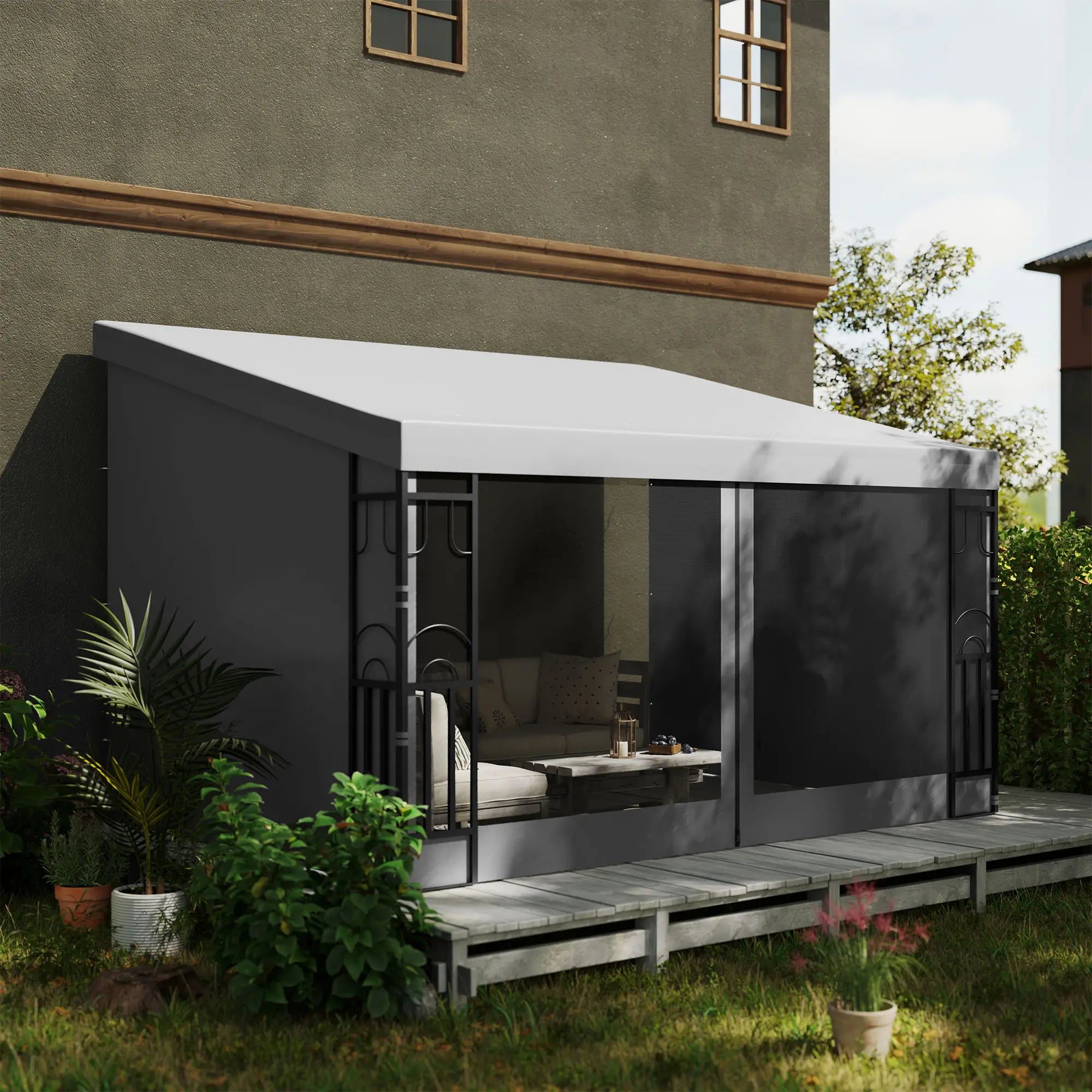 10' x 13' Wall Pergola, Outdoor Gazebo, 2 Curtains, 2 Nettings, UV Resistant, Light Grey Pergolas at Gallery Canada