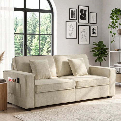 3 Seater Sofa, Thick Cushion, Wide Deep Seat, 2 Pillows, Light Brown