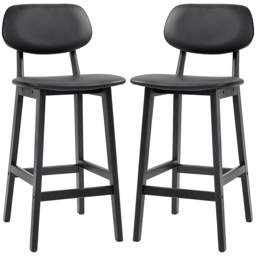 PU Leather Bar Stools Set of 2, Counter Height with Footrest, Solid Wood Legs, Black