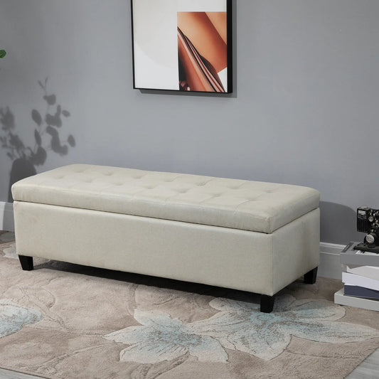 Rectangular Entry Bench, Tufted Upholstered Linen, Wood Feet, Beige Storage Ottomans & Benches Beige at Gallery Canada
