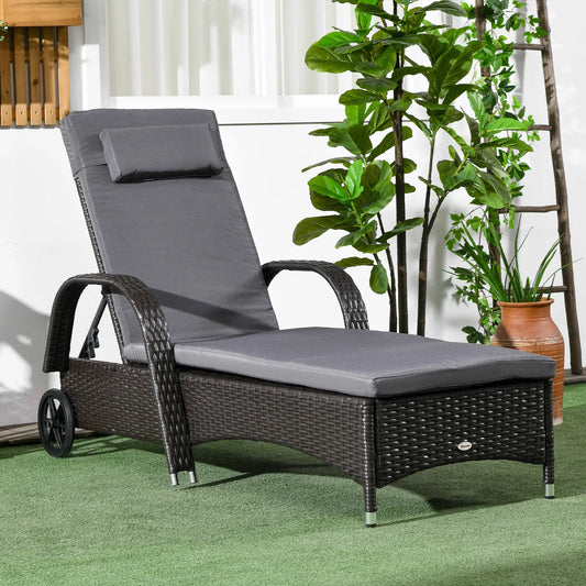 Outdoor Lounger, Adjustable Deck Chair, Headrest, Wheels, Deep Coffee, Med Grey, Coffee, Grey Chaise Loungers Deep Coffee at Gallery Canada