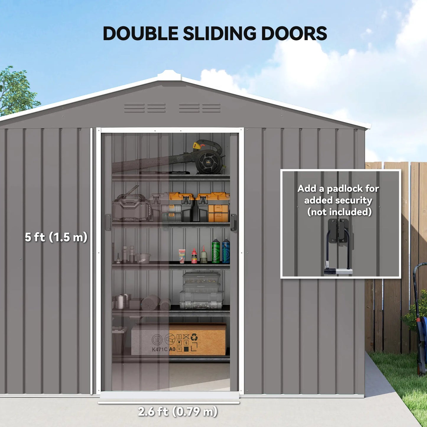 8' x 6' Metal Outdoor Storage Shed, Lockable Sliding Doors, Light Grey Sheds at Gallery Canada