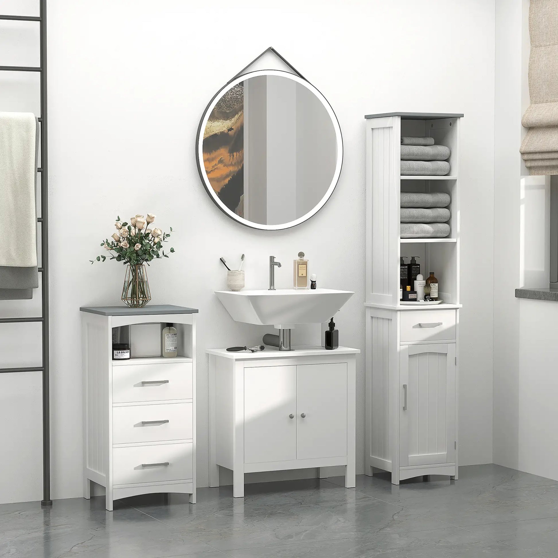 Tall Bathroom Storage Cabinet, 3 Tier Shelf with Drawer, White Bathroom Cabinets at Gallery Canada