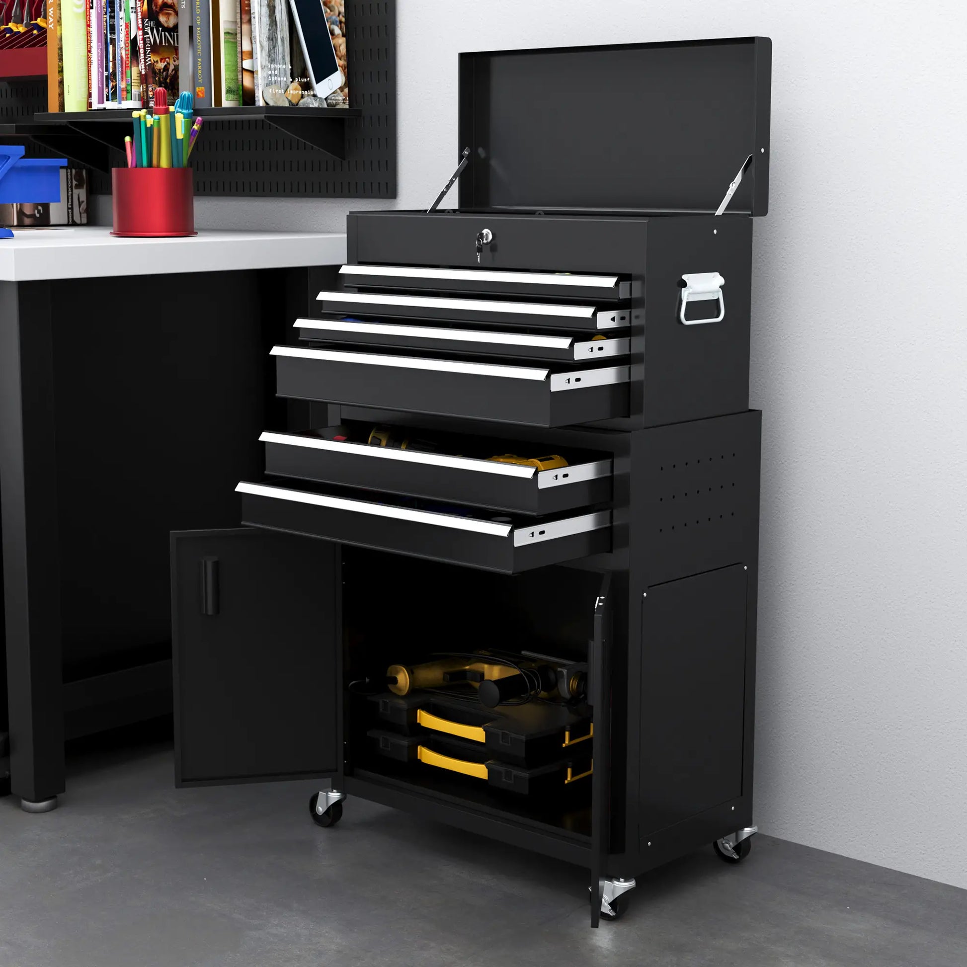 6-Drawer Rolling Tool Chest, Lockable Storage Cabinet with Hooks, Black Tool Organizers at Gallery Canada