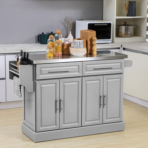 Rolling Kitchen Island with Storage and Stainless Steel Top, Kitchen Trolley with Drawers, Cabinets, Towel Rack