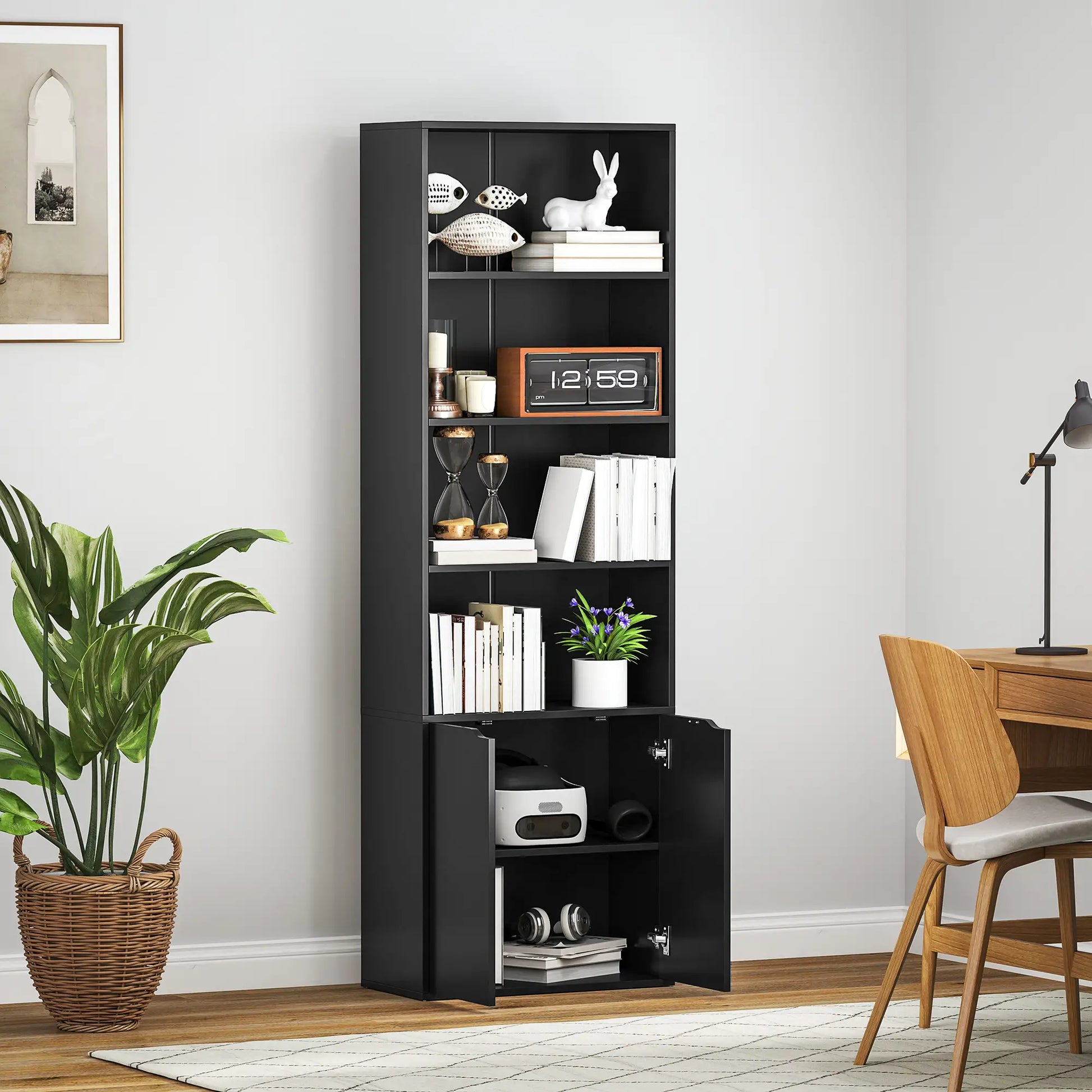 4-Tier Open Bookshelf with Doors, Home Office Storage, Black Bookcases With Doors at Gallery Canada