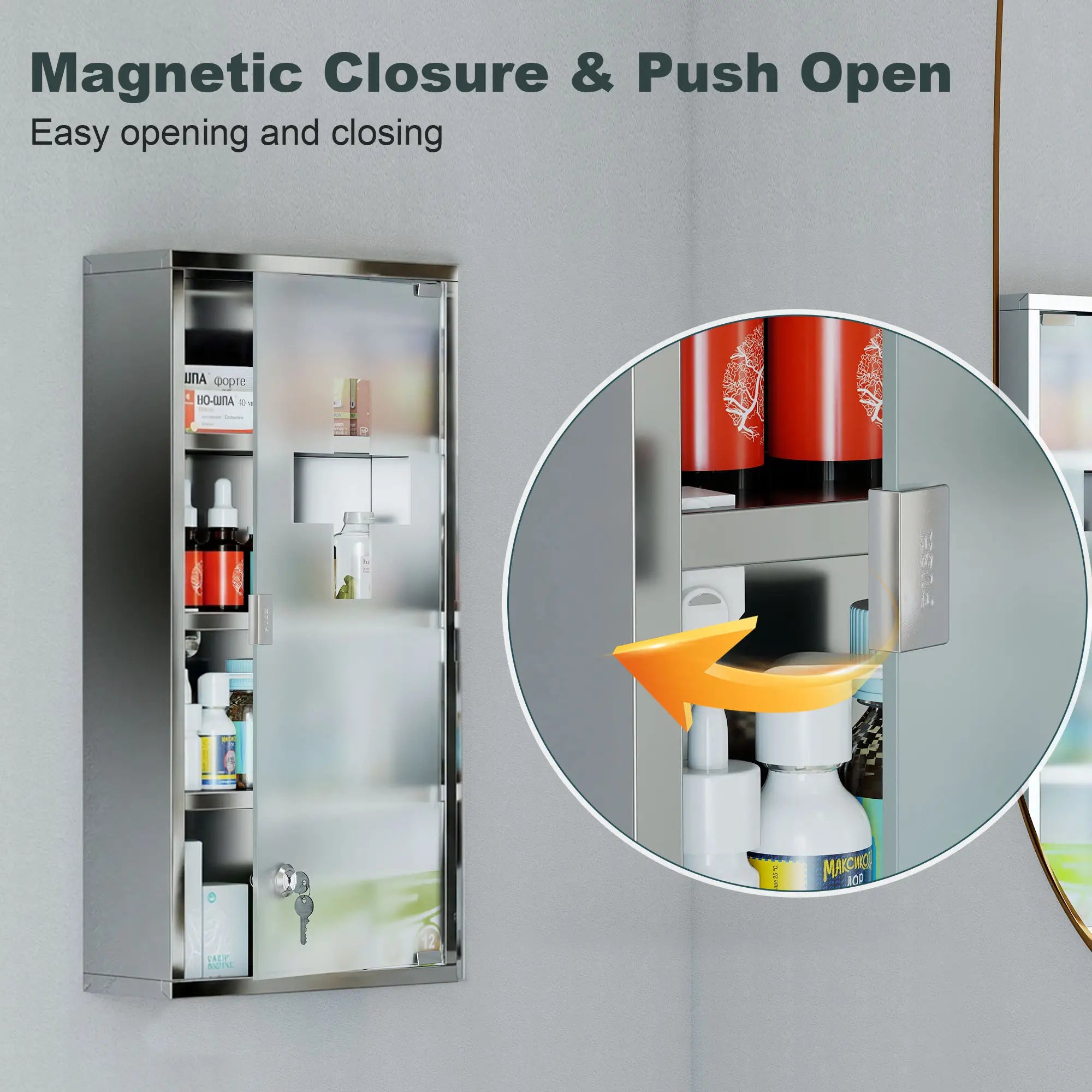 Wall Mount Medicine Cabinet, 4 Tier Shelves, Stainless Steel Frame, Glass Door, Lockable, 12