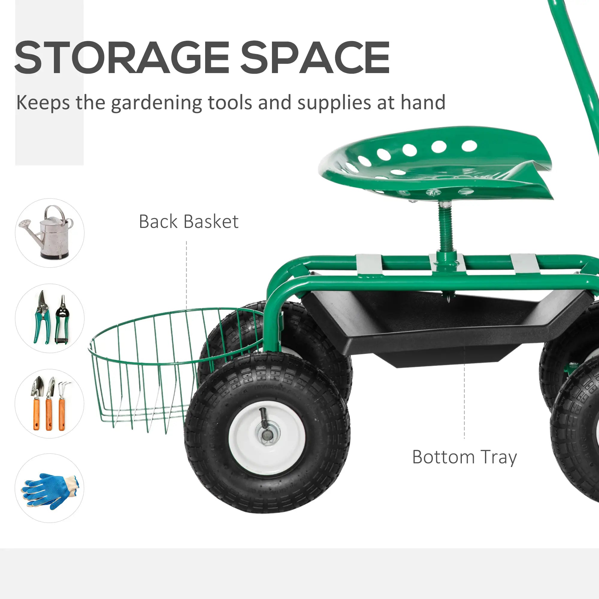Garden Scooter, Rolling Cart, Adjustable Seat, Tool Tray, Bucket Basket, Green, Black Garden Accessories at Gallery Canada