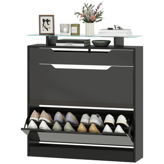 High Gloss Shoe Cabinet, 2 Flip Drawers, Adjustable Shelves, Black, Black Storage Cabinets High Gloss Black at Gallery Canada