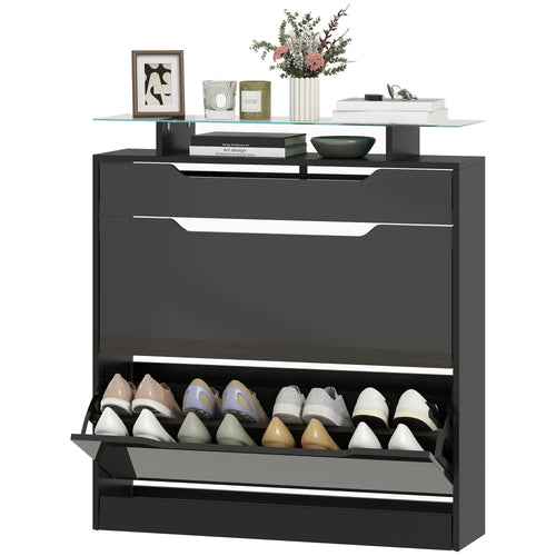 High Gloss Shoe Cabinet, 2 Flip Drawers, Adjustable Shelves, Black, Black