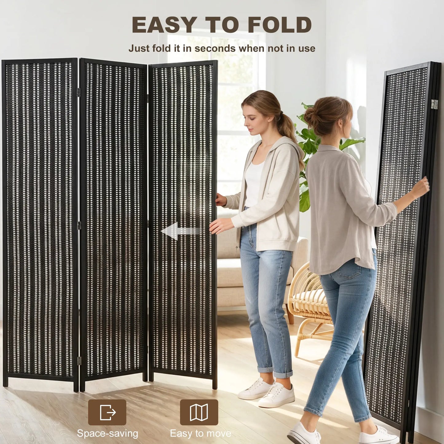3 Panel Folding Privacy Screen, Handwoven Bamboo Pine Wood Frame, Black Room Dividers at Gallery Canada