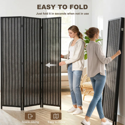3 Panel Folding Privacy Screen, Handwoven Bamboo Pine Wood Frame, Black Room Dividers at Gallery Canada