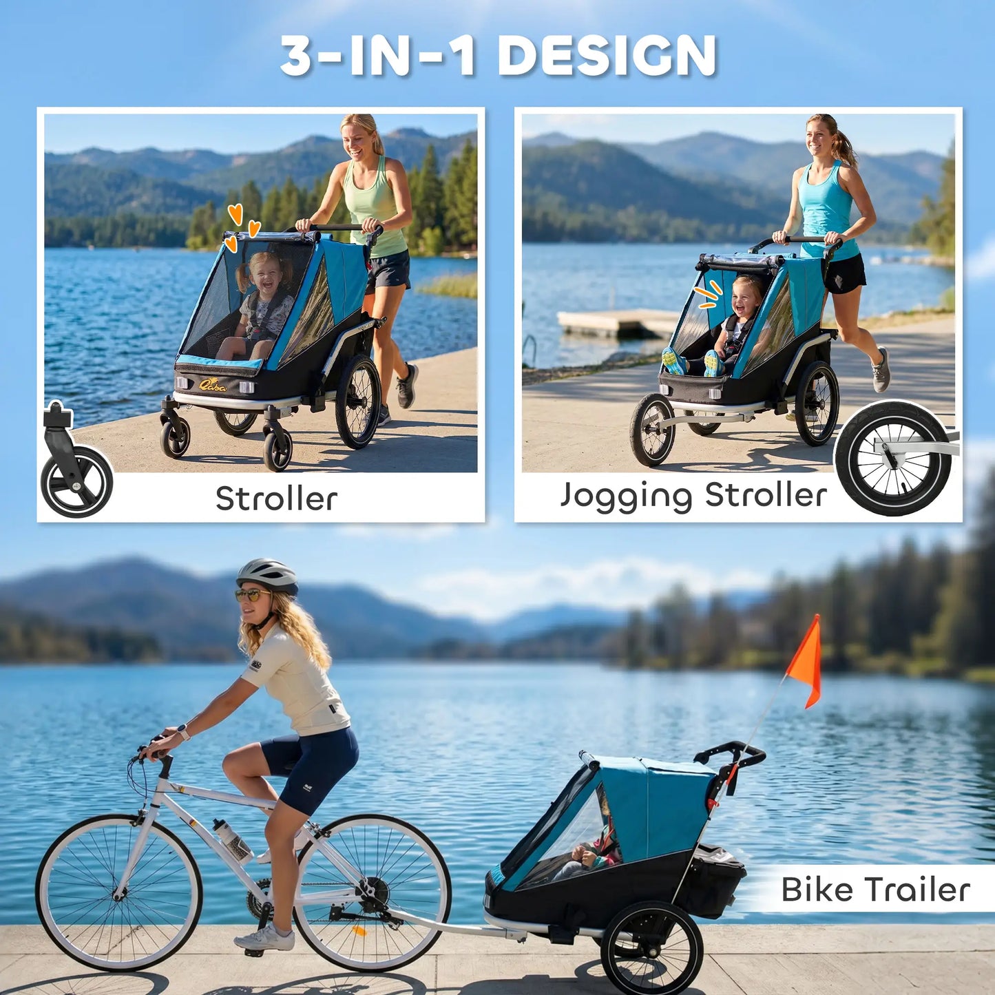 3-in-1 Bike Trailer for Kids, Baby Stroller and Jogger, Foldable Child Bicycle Trailer with Reclining Seat, Blue Kids Bike Trailers at Gallery Canada