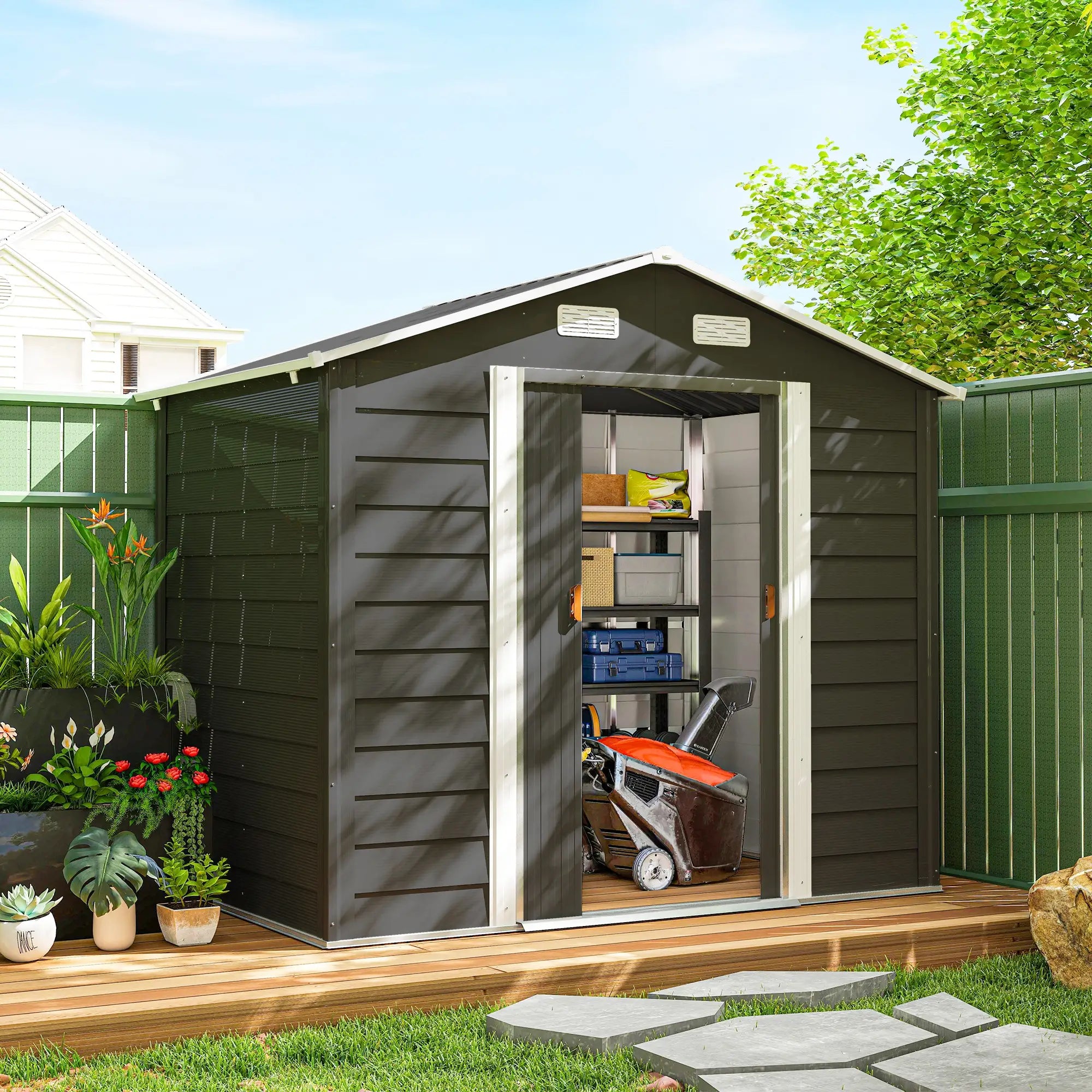 7.7' x 6.5' Metal Garden Shed, Tool Storage, Dark Grey Sheds at Gallery Canada