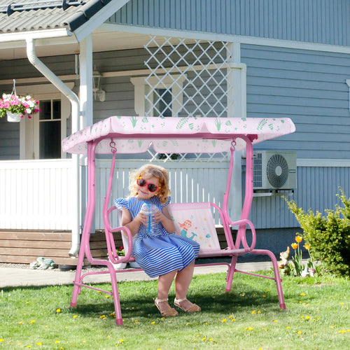 2-Seat Kids Porch Swing, Outdoor Chair with Canopy, Seat Belt, Mermaid, Pink