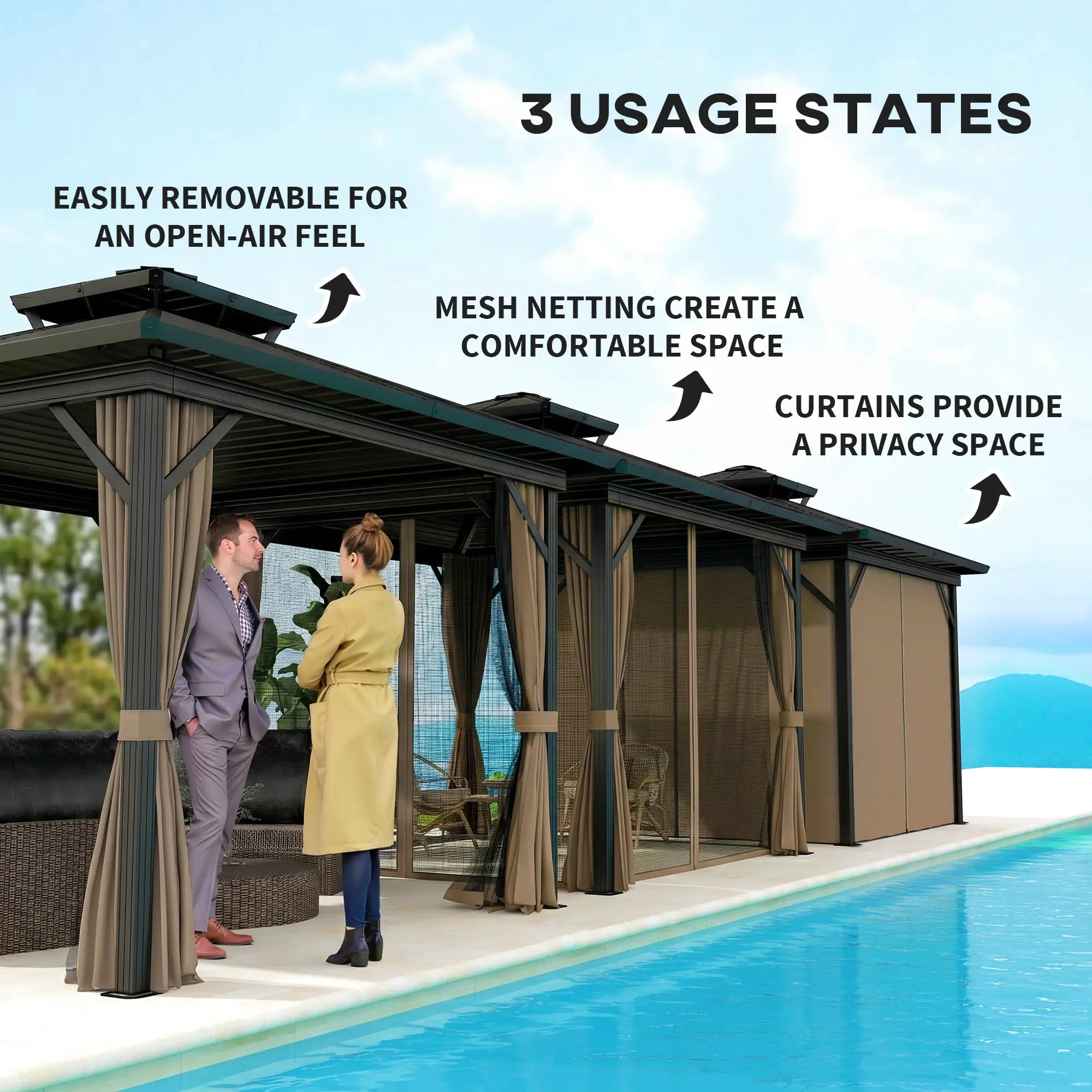 10' x 10' Hardtop Gazebo, Double Tier Metal Roof, Dark Brown Gazebos at Gallery Canada