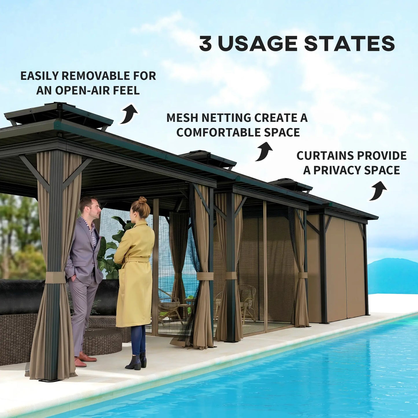 10' x 10' Hardtop Gazebo, Double Tier Metal Roof, Dark Brown Gazebos at Gallery Canada