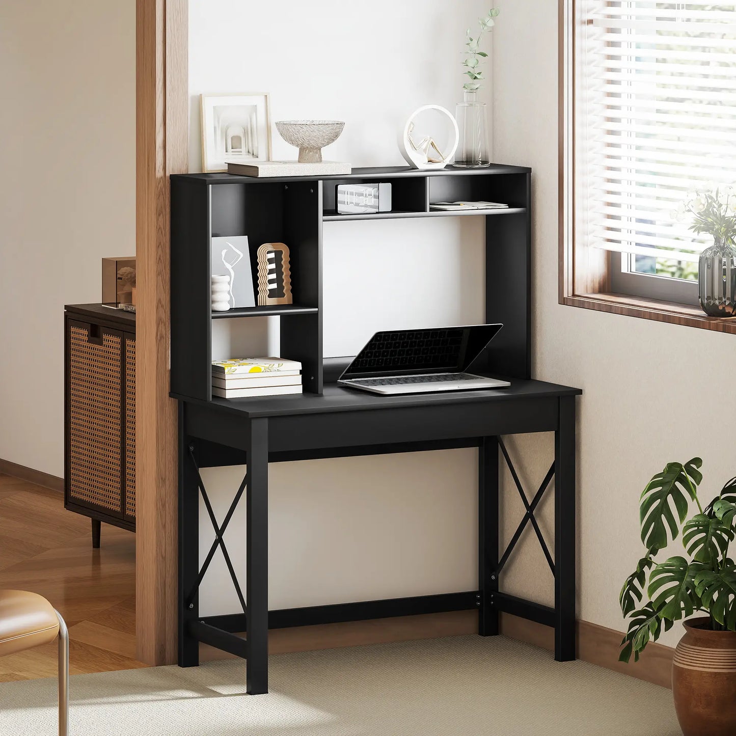 Computer Desk with Hutch, Home Office Table with Storage Shelves, Black Computer Desks at Gallery Canada
