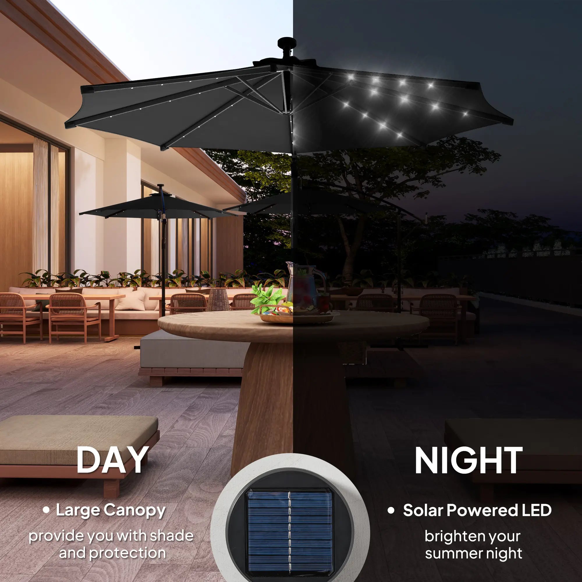 10ft Banana Umbrella, Solar Lights, Adjustable Angle, Patio Backyard, Black Offset Cantilever Umbrellas at Gallery Canada