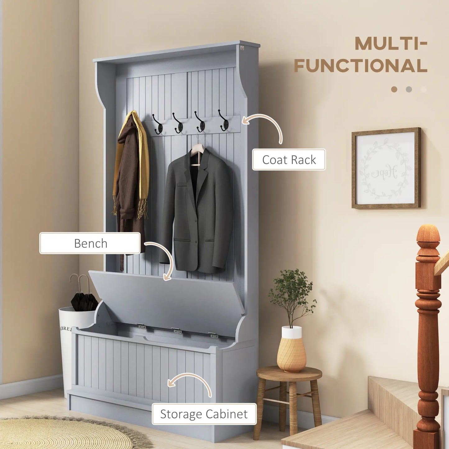 3-In-1 Entryway Hall Tree, Coat Rack, Bench, Shoe Storage, 5 Hooks, Grey Clothing Storage at Gallery Canada
