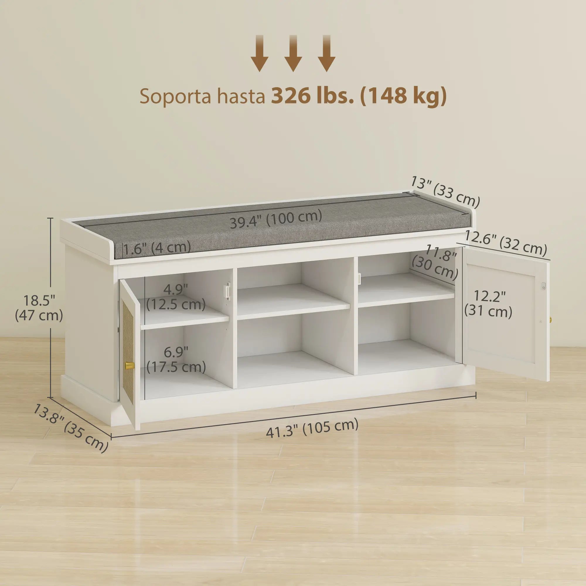 Shoe Bench with Padded Cushion, Boho Entryway, Rattan Doors, Adjustable Shelves, White Shoe Storage Cabinets & Racks at Gallery Canada