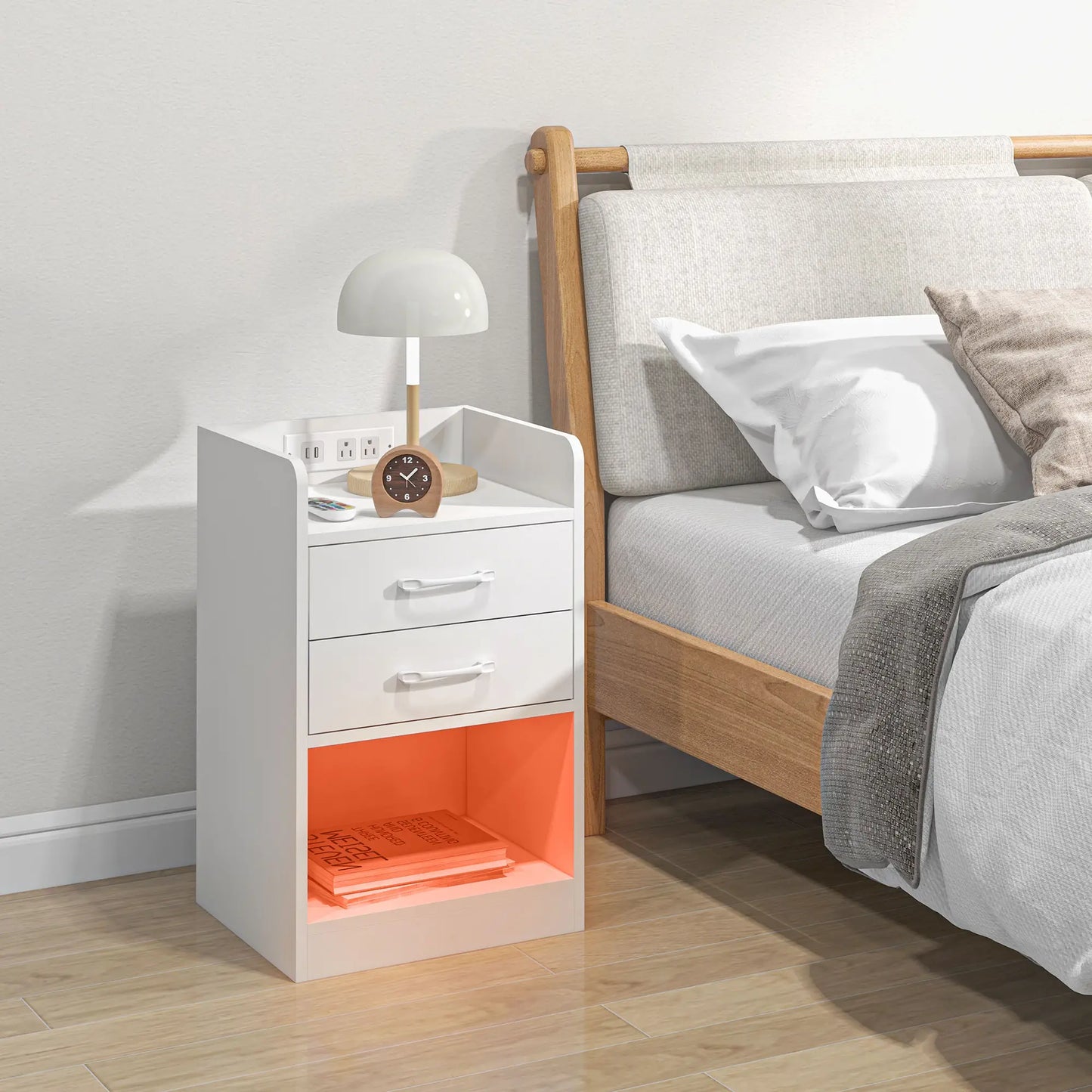 Tall Nightstand with Charging Station and LED Lights, Small Bedside Table with AC Outlets, USB Ports, 2 Drawers, Shelf Bedside Tables at Gallery Canada