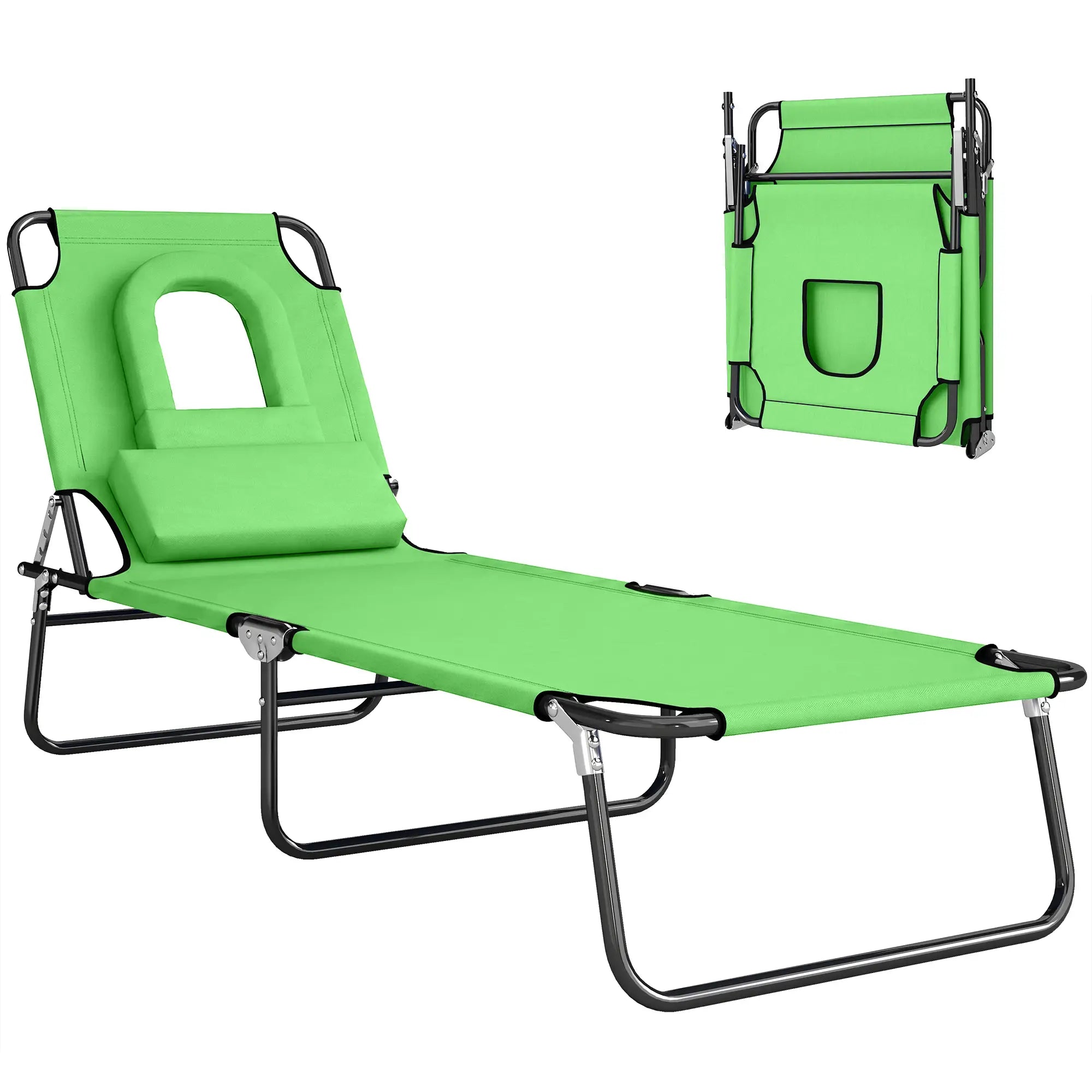 Adjustable Outdoor Lounge Chair, Folding Chaise with Face Hole, Green Lounger Chairs Green at Gallery Canada