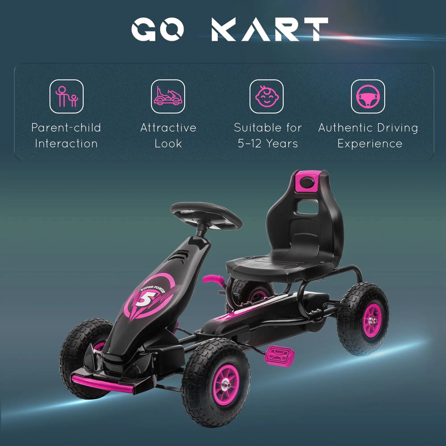 Adjustable Seat Pedal Go Kart, Rubber Wheels Shock Absorb, Pink Pedal Go Karts for Kids at Gallery Canada