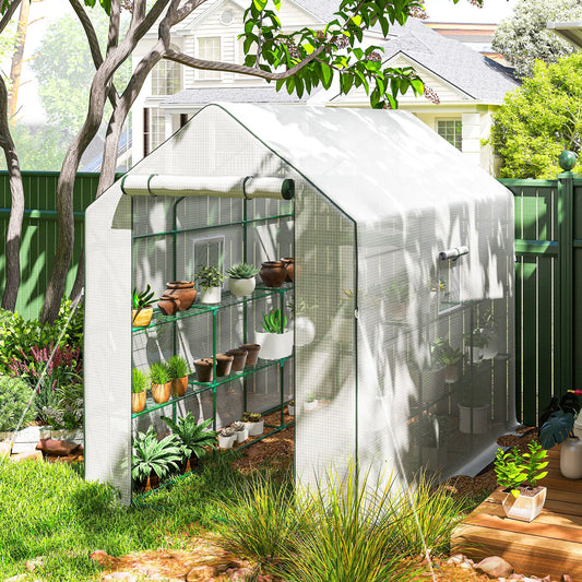 Walk-In Greenhouse, 3 Tier, Roll-Up Door, Mesh Windows, 140 x 213 x 190 cm, White Walk In Greenhouses White at Gallery Canada