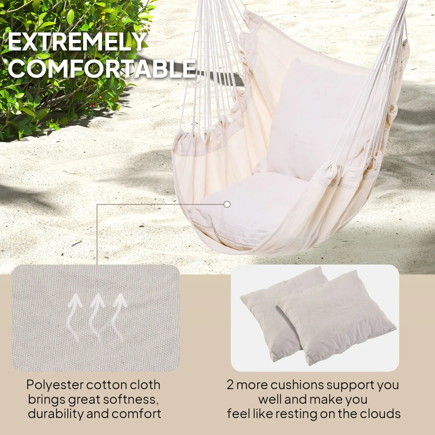 Hanging Macrame Chair, Cotton w/ Two Cushions, Indoor Outdoor, White Hammock Swings at Gallery Canada