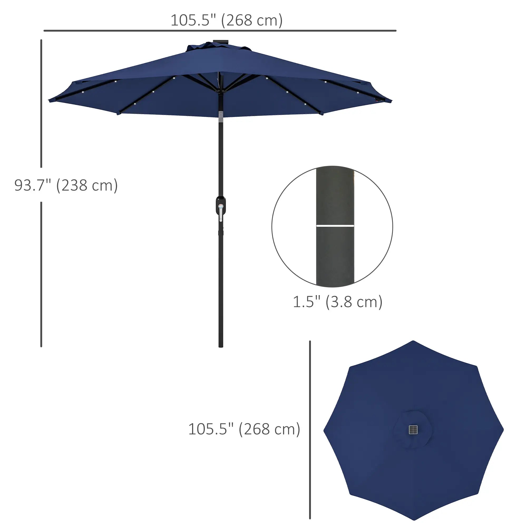9ft Solar Patio Umbrella, 24 LED Lights, Tilt Canopy, Navy Blue Sun Umbrellas at Gallery Canada