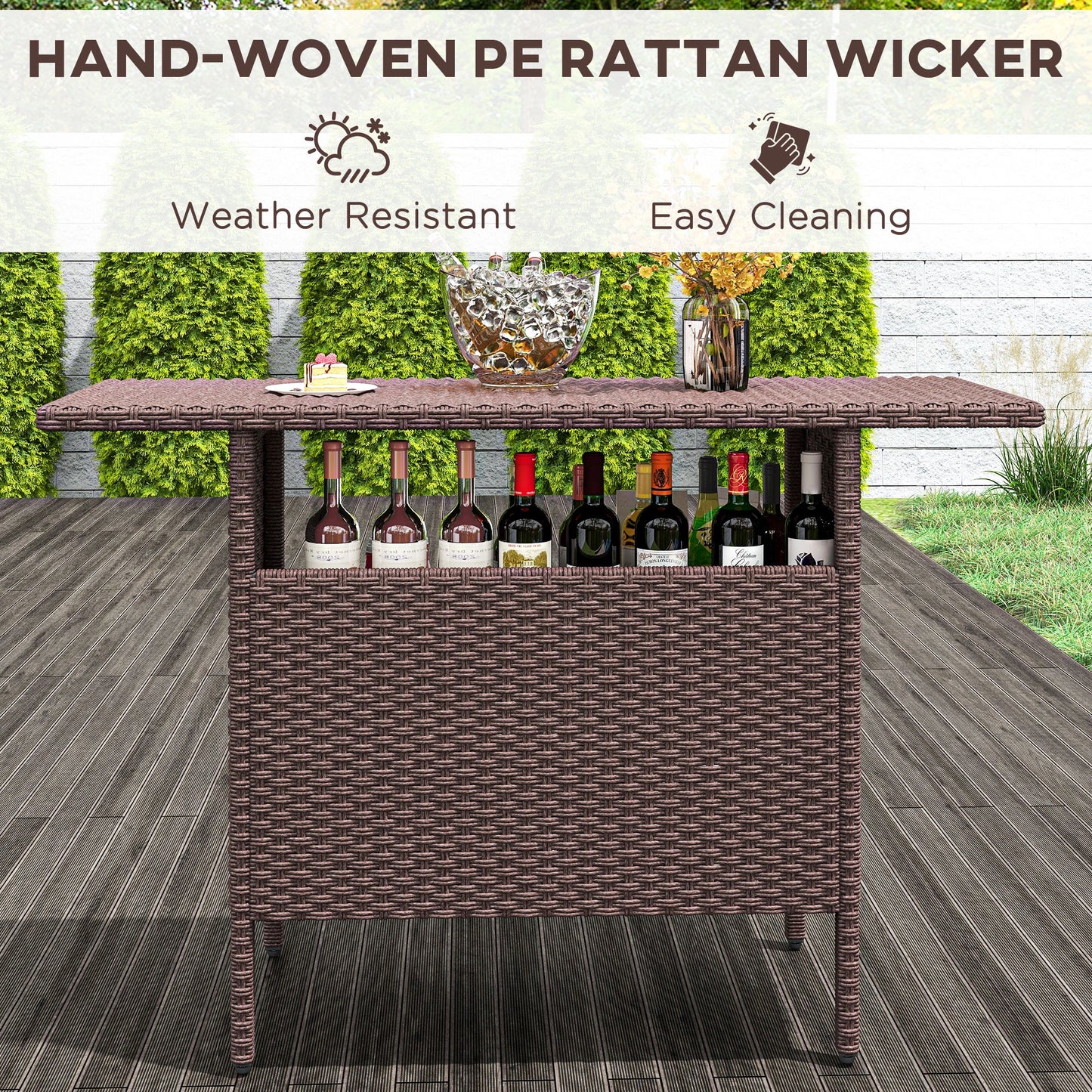 Outdoor Rattan Bar Table, 55.1" x 18.5" x 37", 2 Storage Shelves, Brown Bistro Sets at Gallery Canada