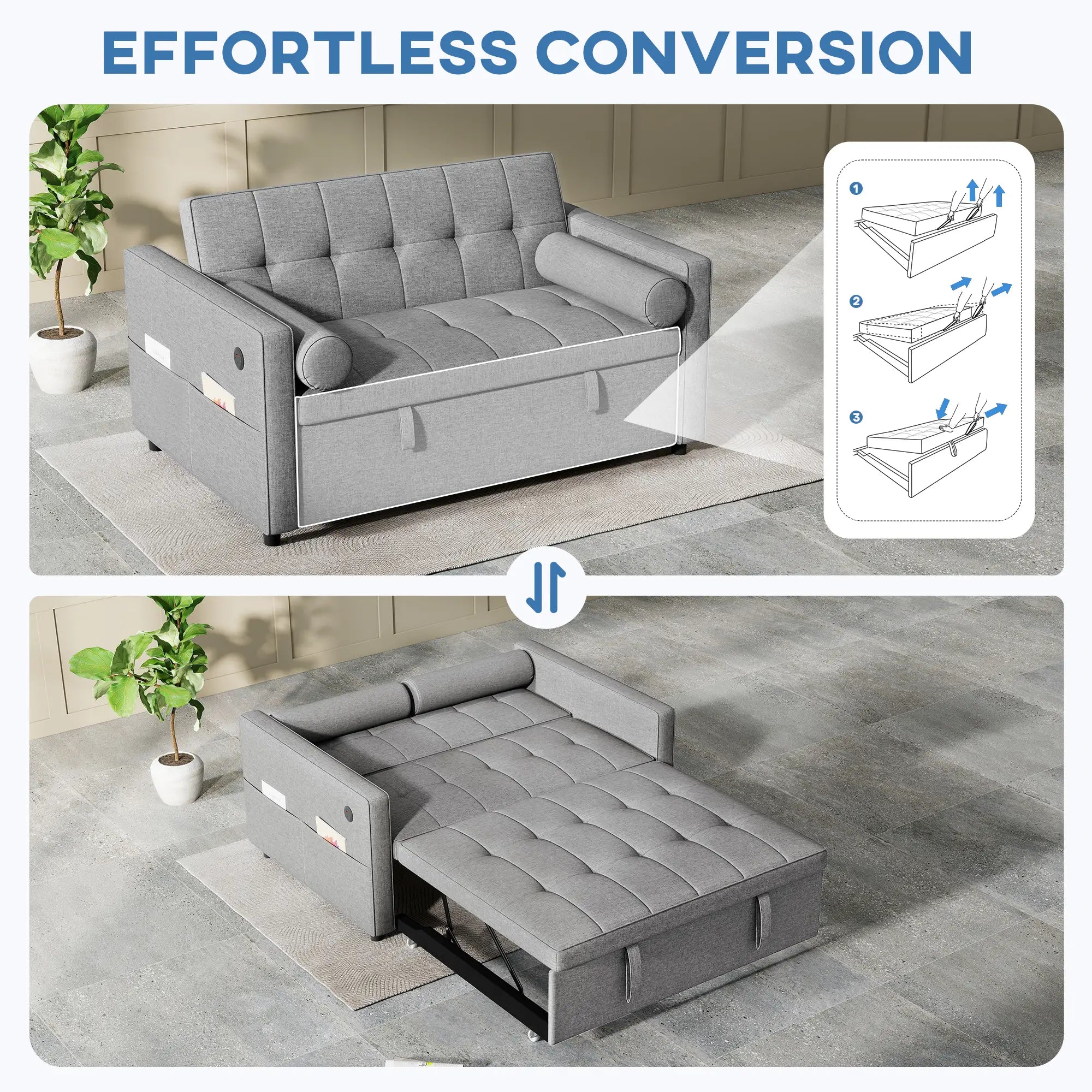 Pull Out Sofa Bed, Sleeper Couch with USB, Small Linen Loveseat, Grey 2-Seater Sofas at Gallery Canada