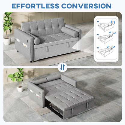 Pull Out Sofa Bed, Sleeper Couch with USB, Small Linen Loveseat, Grey 2-Seater Sofas at Gallery Canada