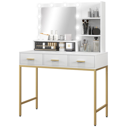 Illuminated Dressing Table, LED Vanity Table with Mirror, 3 Drawers and Storage Shelves for Bedroom, White - Gallery Canada