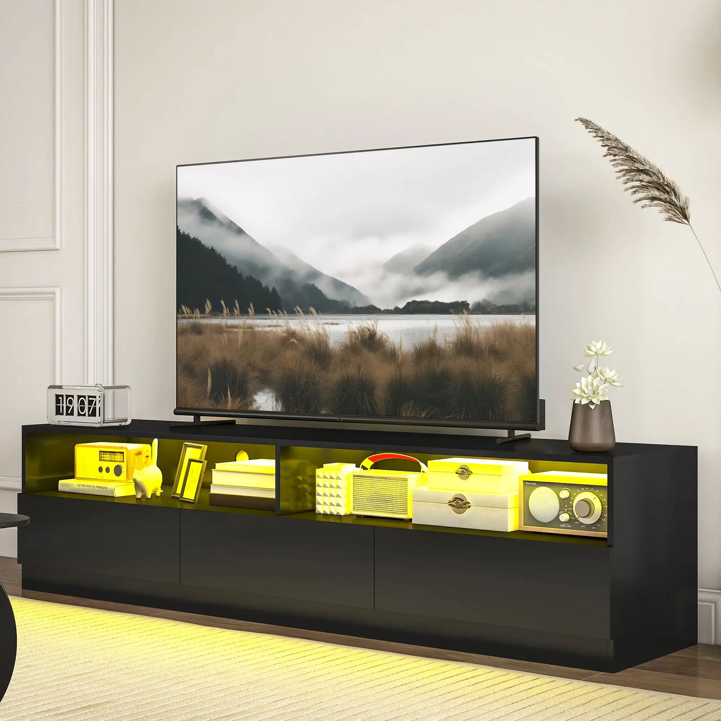 LED Lighted TV Stand for 75", Storage Drawers, High Gloss Black, Black TV Stands at Gallery Canada
