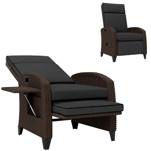 Outdoor Recliner Chair, Adjustable Backrest, Cushion, Side Tray, Black