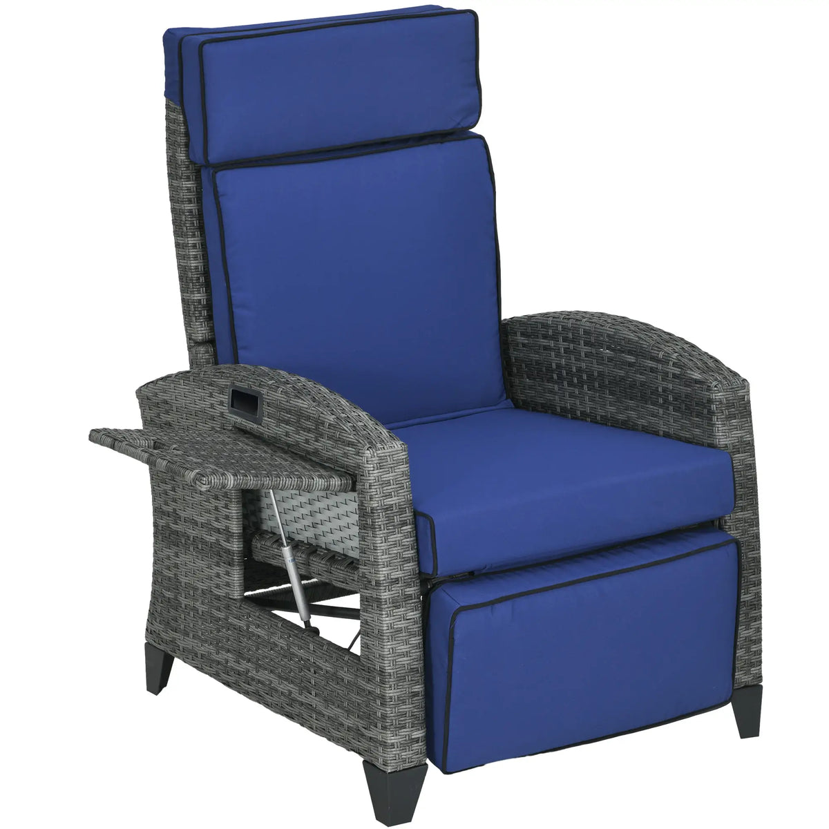 Outdoor Recliner Chair, Adjustable Backrest, Cushion, Side Tray, Dark Blue Wicker Chaise Loungers at Gallery Canada