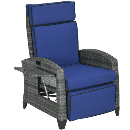 Outdoor Recliner Chair, Adjustable Backrest, Cushion, Side Tray, Dark Blue Wicker Chaise Loungers at Gallery Canada