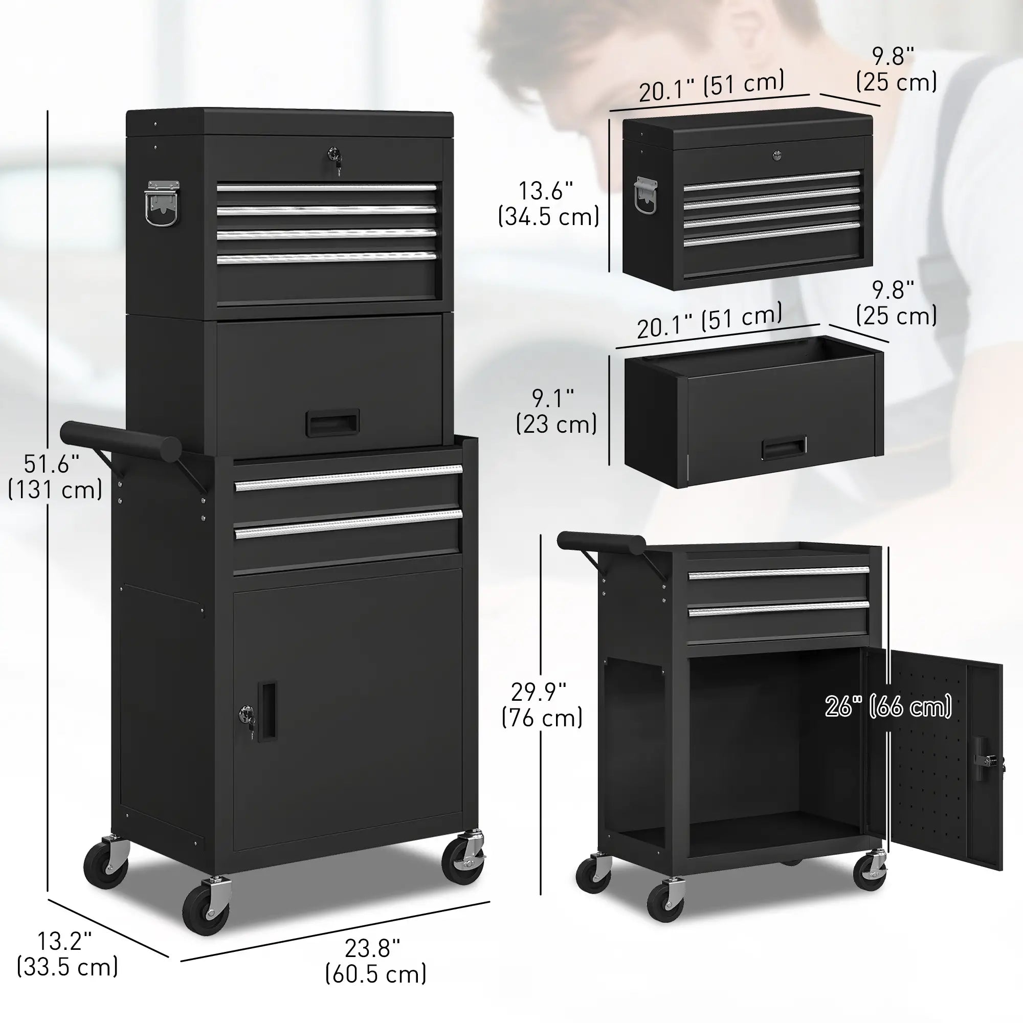 Large Tool Cabinet, 3-in-1 Rolling Chest, Detachable Storage with 6 Drawers and Pegboard, Black Tool Organizers at Gallery Canada