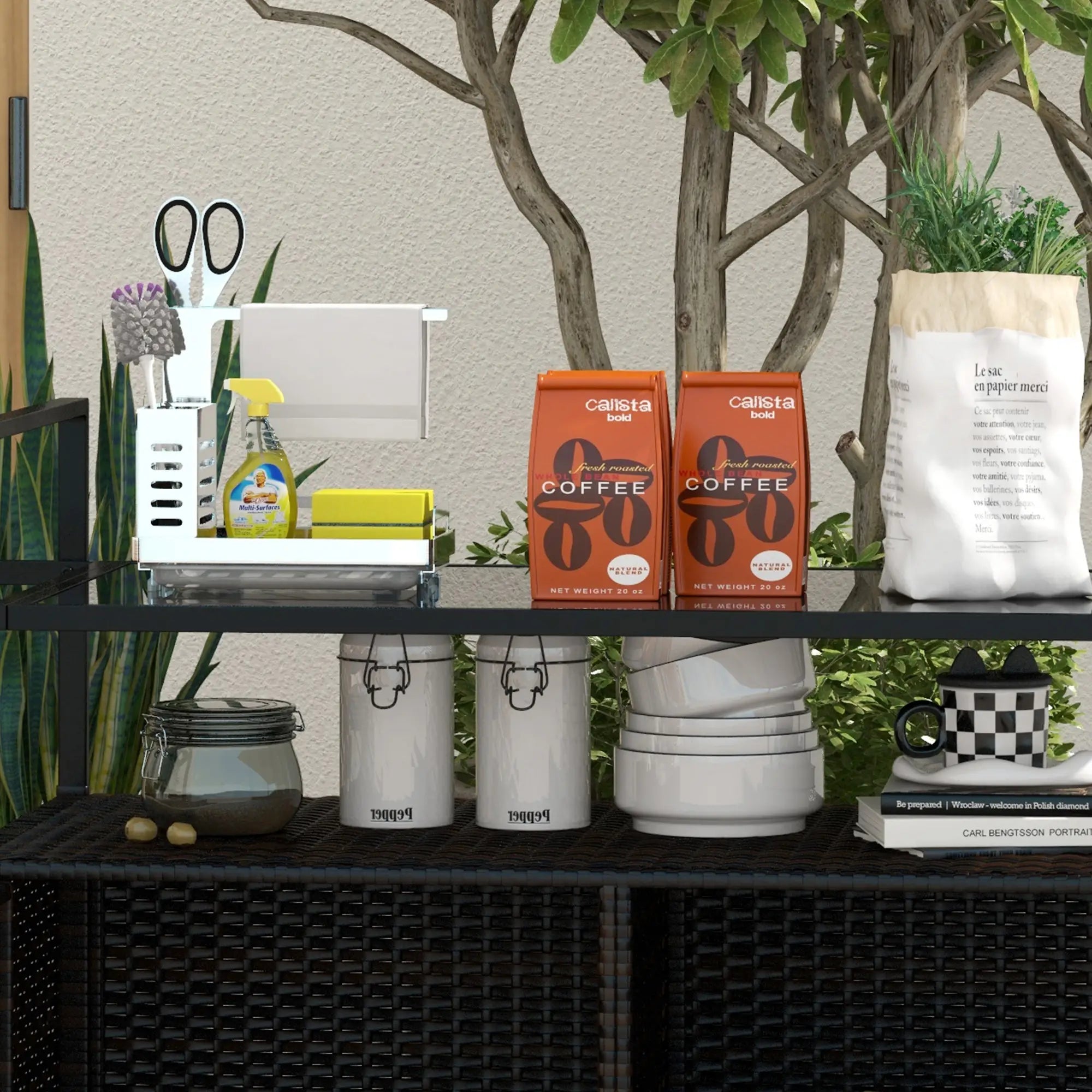 2-Tier PE Rattan Bar Cart, Glass Top Outdoor Kitchen Island, Mixed Brown, Brown Kitchen Islands & Kitchen Carts at Gallery Canada