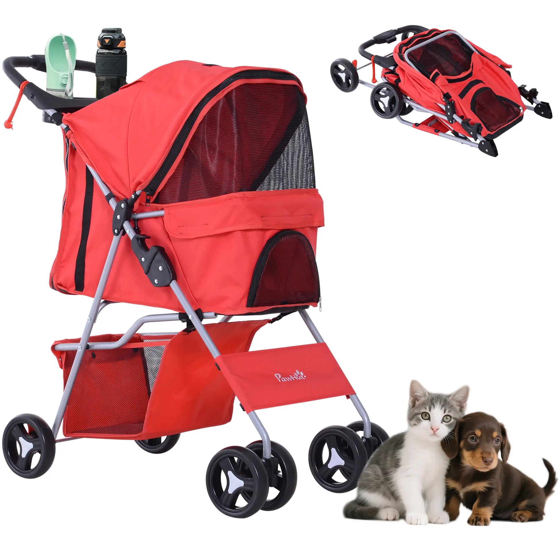 Foldable Pet Stroller, 4 Wheels, Cup Holder, Storage Basket, Red Dog Bike Trailers & Strollers Red at Gallery Canada