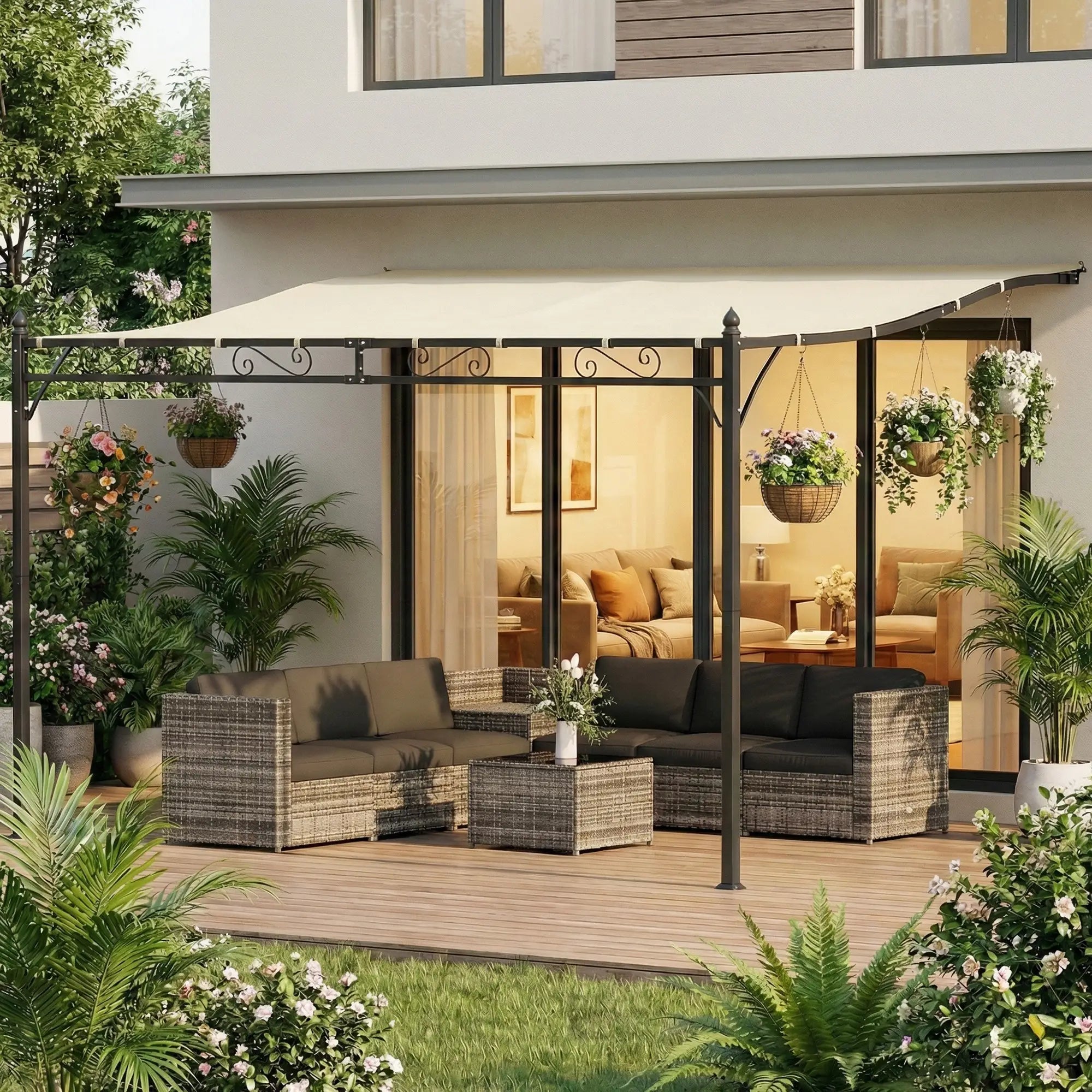 11.5' x 8.2' Outdoor Pergola, Wall Mounted Metal Frame, UPF30+ Garden Gazebo Pergolas at Gallery Canada