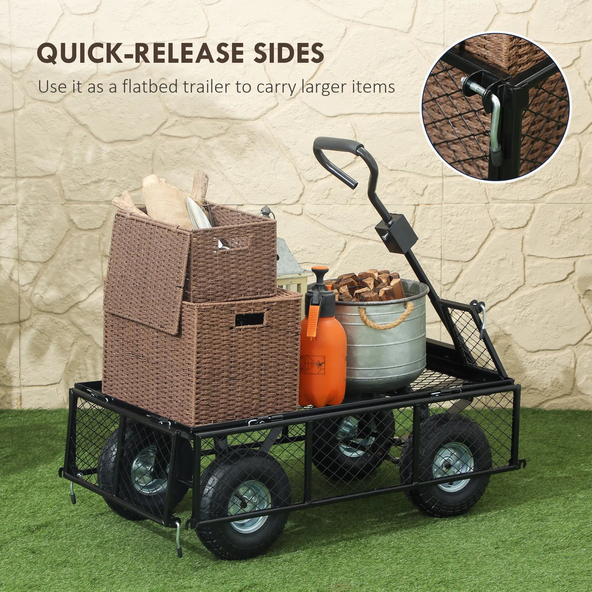 Steel Garden Cart, Utility Wagon, Removable Liner, Quick-Release Sides, 10