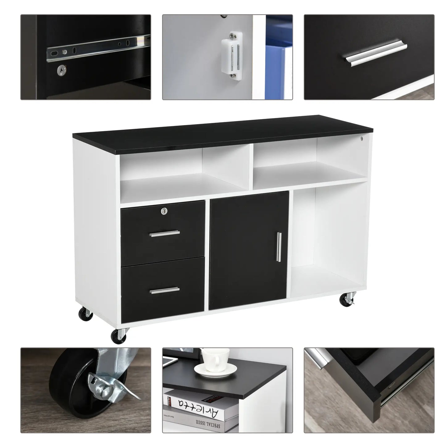 Lateral Filing Cabinet, Mobile with Wheels, Lockable Drawer, Black Office Cabinets & Cupboards at Gallery Canada