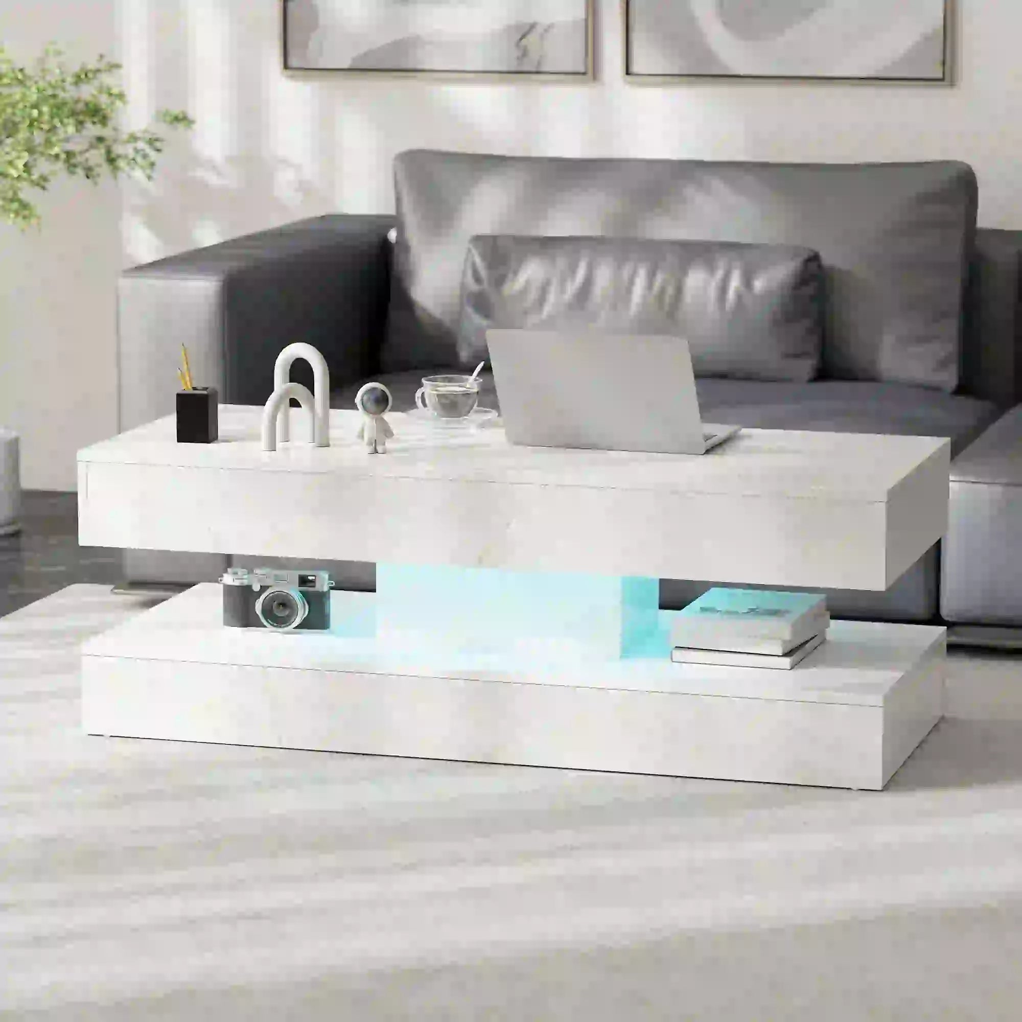 Adjustable LED Coffee Table, 2 Drawers, Open Shelf, Remote, White Coffee Tables at Gallery Canada