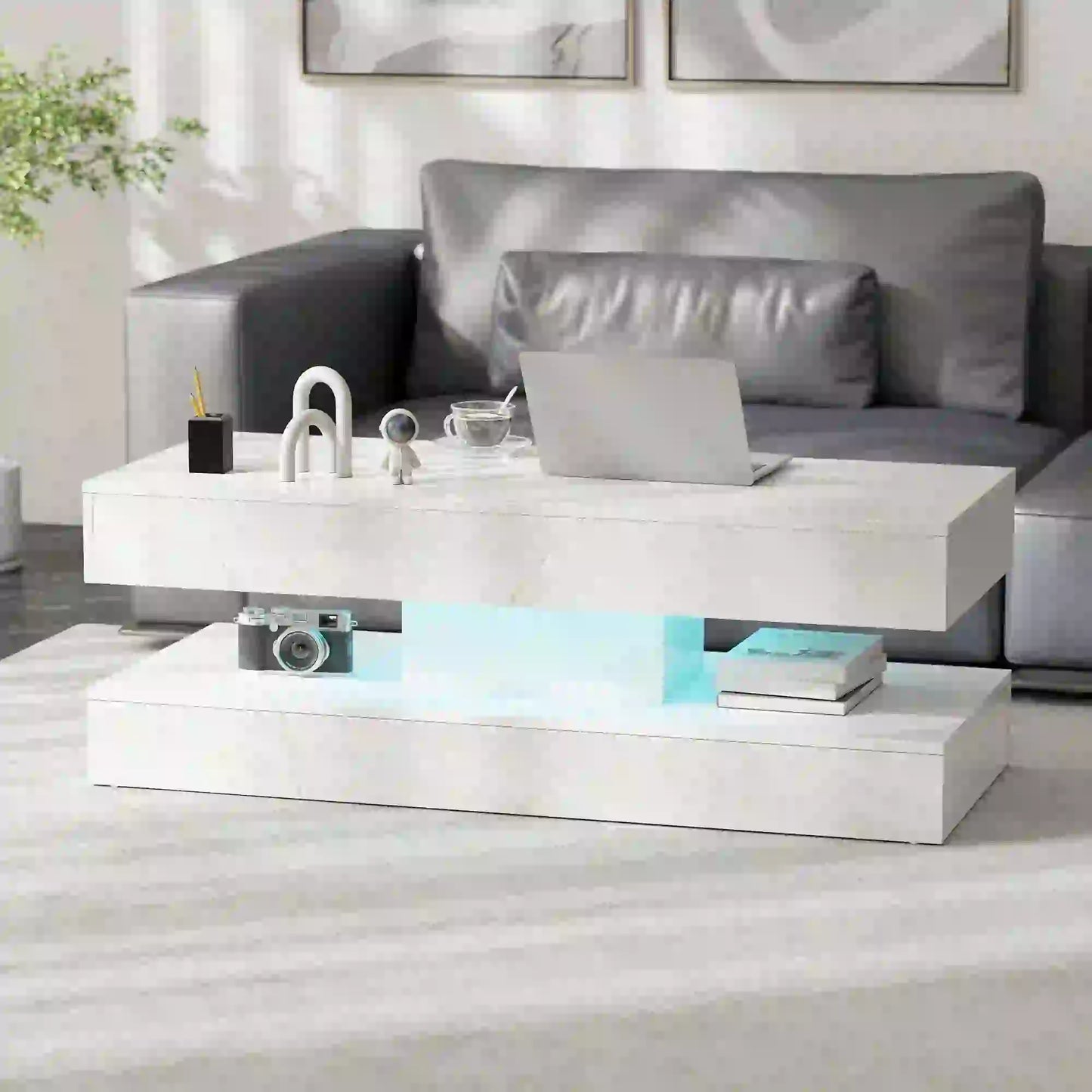 Adjustable LED Coffee Table, 2 Drawers, Open Shelf, Remote, White Coffee Tables at Gallery Canada