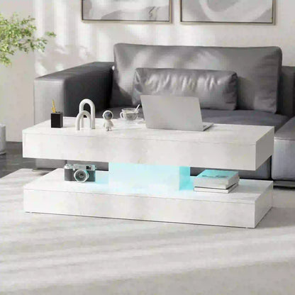 Adjustable LED Coffee Table, 2 Drawers, Open Shelf, Remote, White Coffee Tables at Gallery Canada